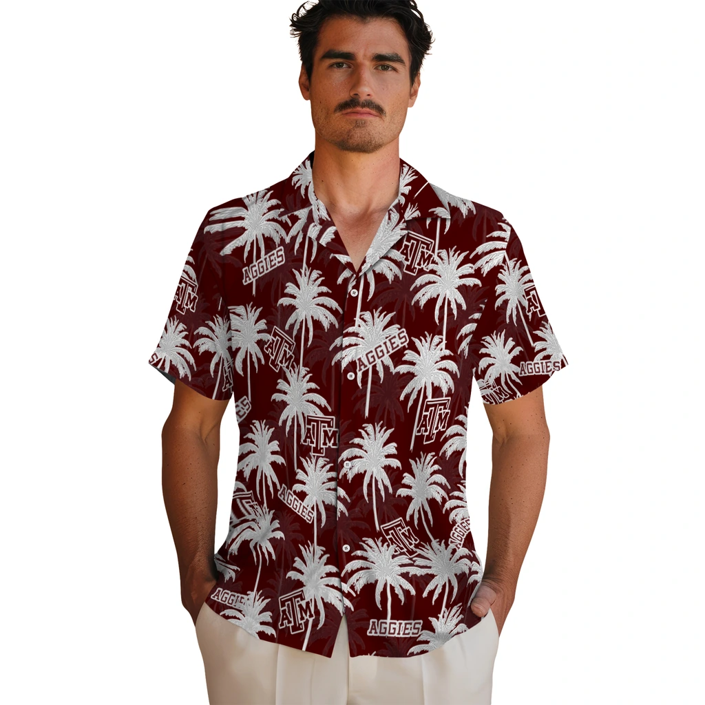 Texas A&M Aggies Hawaiian Shirt - Palm Tree Motif texas am aggies palm grove maroon hawaiian shirts fashion forward
