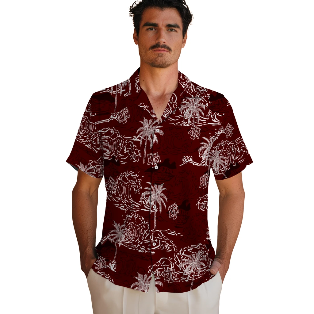 Texas A&M Aggies Hawaiian Shirt - Wave Palm texas am aggies wave palm maroon hawaiian shirts fashion forward