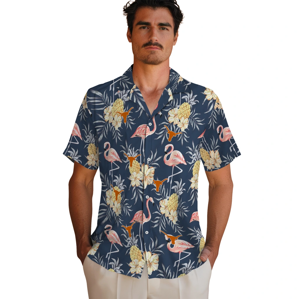Texas Longhorns Hawaiian Shirt - Flamingo Hibiscus texas longhorns flamingo hibiscus navy hawaiian shirts fashion forward