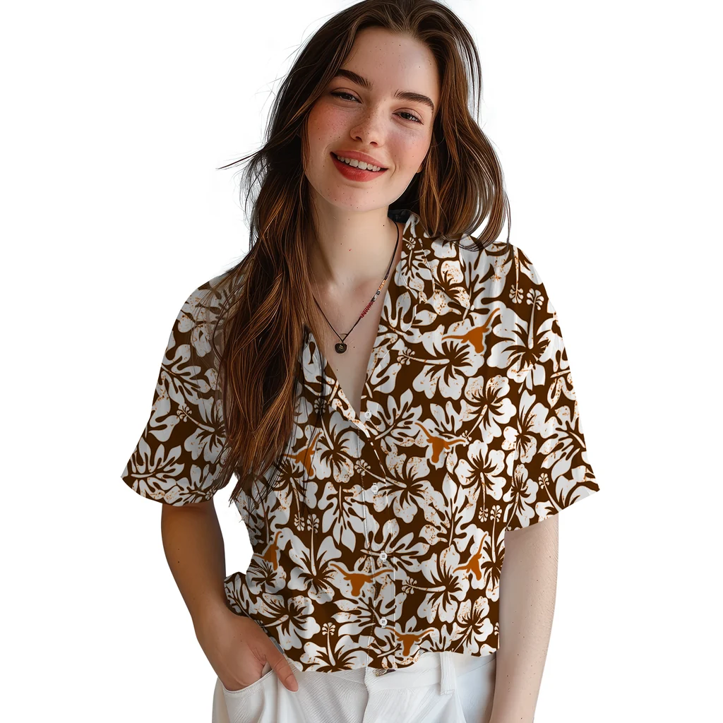 Texas Longhorns Hawaiian Shirt - Hibiscus Motif texas longhorns hibiscus motif orange white hawaiian shirts latest model