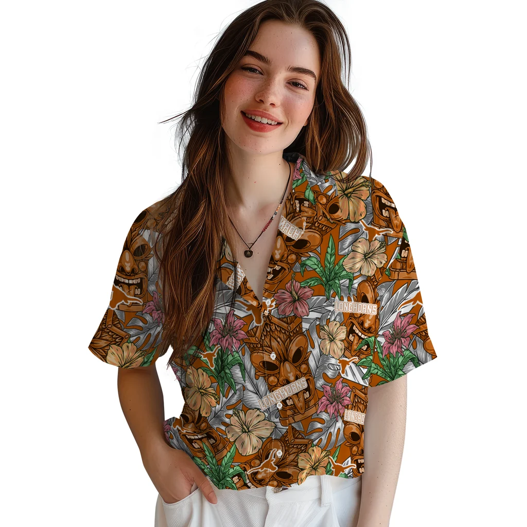 Texas Longhorns Hawaiian Shirt - Hibiscus Tiki Jungle texas longhorns tiki jungle orange hawaiian shirts latest model