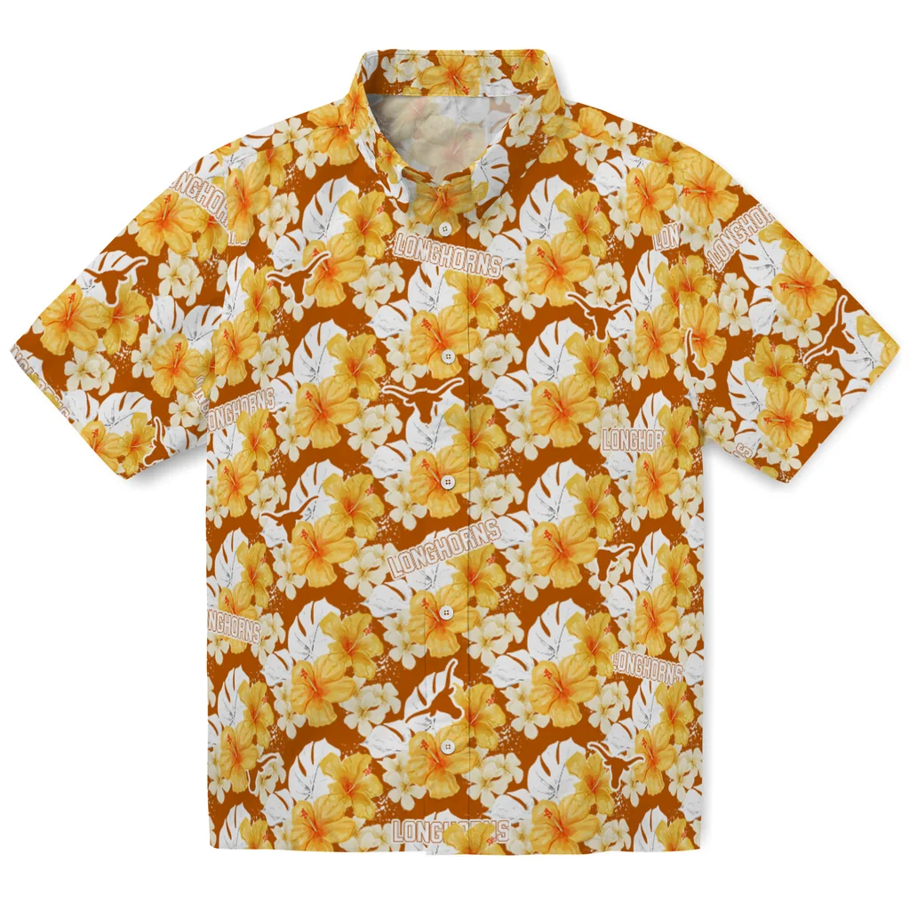 Texas Longhorns Hawaiian Shirt - Hibiscus Tropics texas longhorns hibiscus tropics orange yellow hawaiian shirts best selling