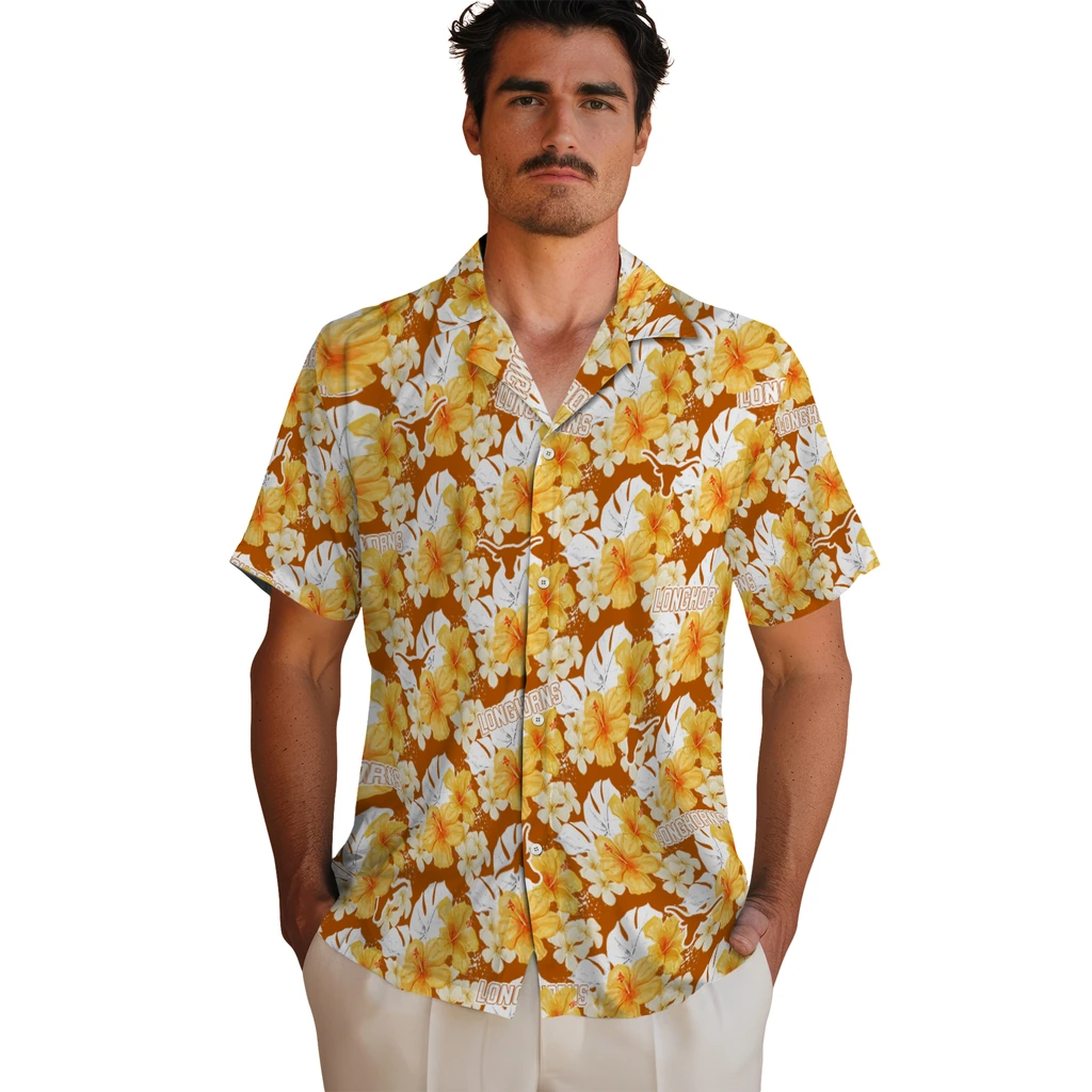 Texas Longhorns Hawaiian Shirt - Hibiscus Tropics texas longhorns hibiscus tropics orange yellow hawaiian shirts fashion forward
