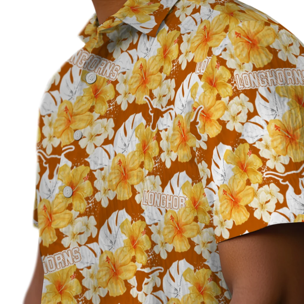 Texas Longhorns Hawaiian Shirt - Hibiscus Tropics texas longhorns hibiscus tropics orange yellow hawaiian shirts trendy
