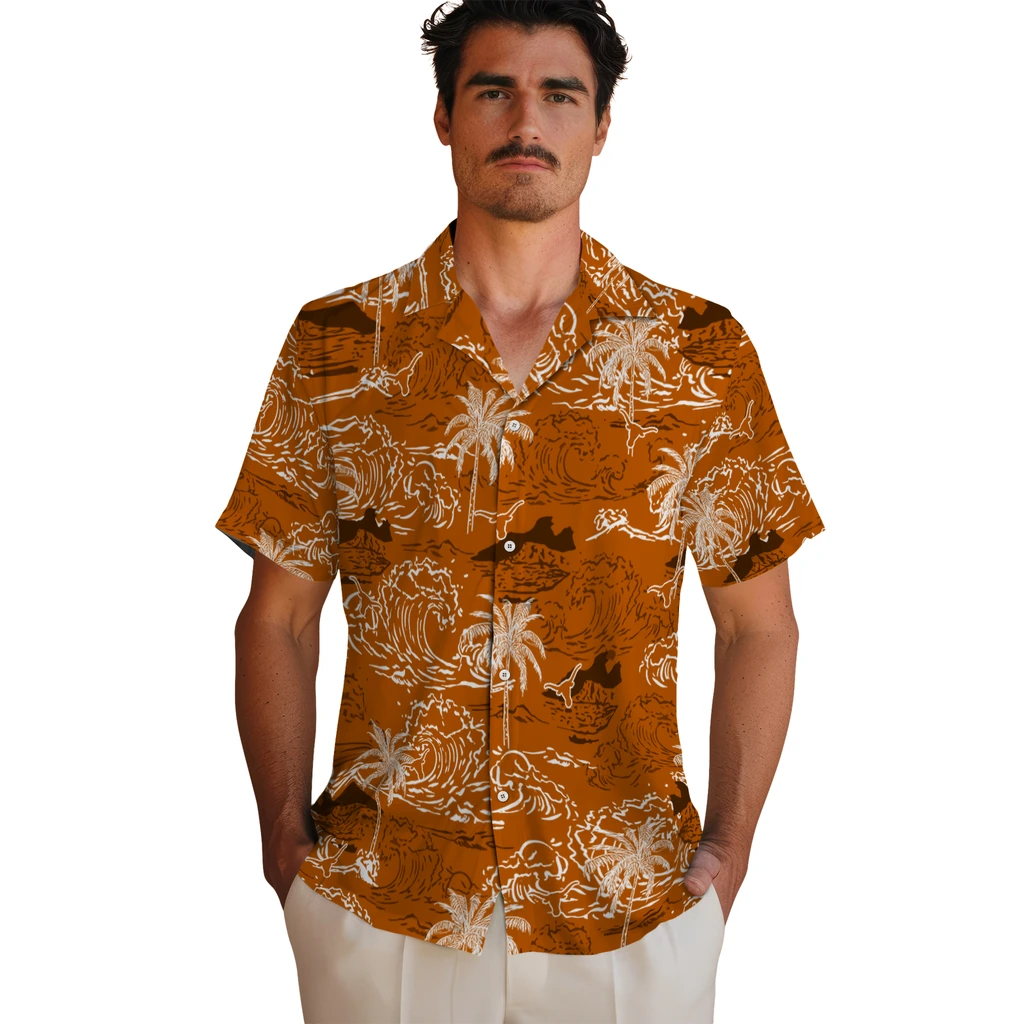 Texas Longhorns Hawaiian Shirt - Wave Palm texas longhorns wave palm orange hawaiian shirts fashion forward