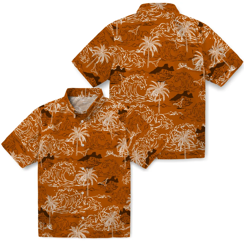 Texas Longhorns Hawaiian Shirt - Wave Palm texas longhorns wave palm orange hawaiian shirts high quality