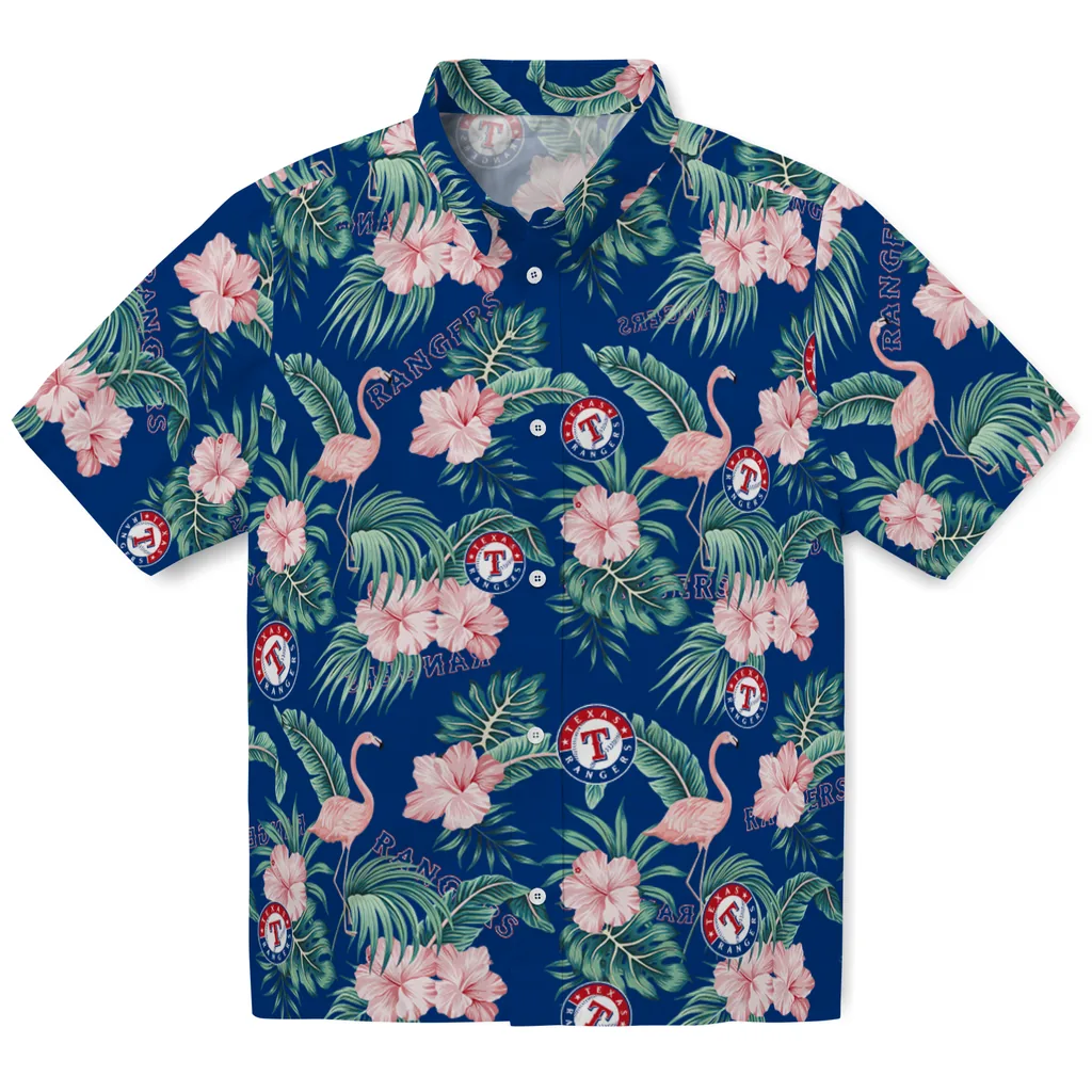 Texas Rangers Hawaiian Shirt - Flamingo and Hibiscus texas rangers flamingo palms blue hawaiian shirts best selling