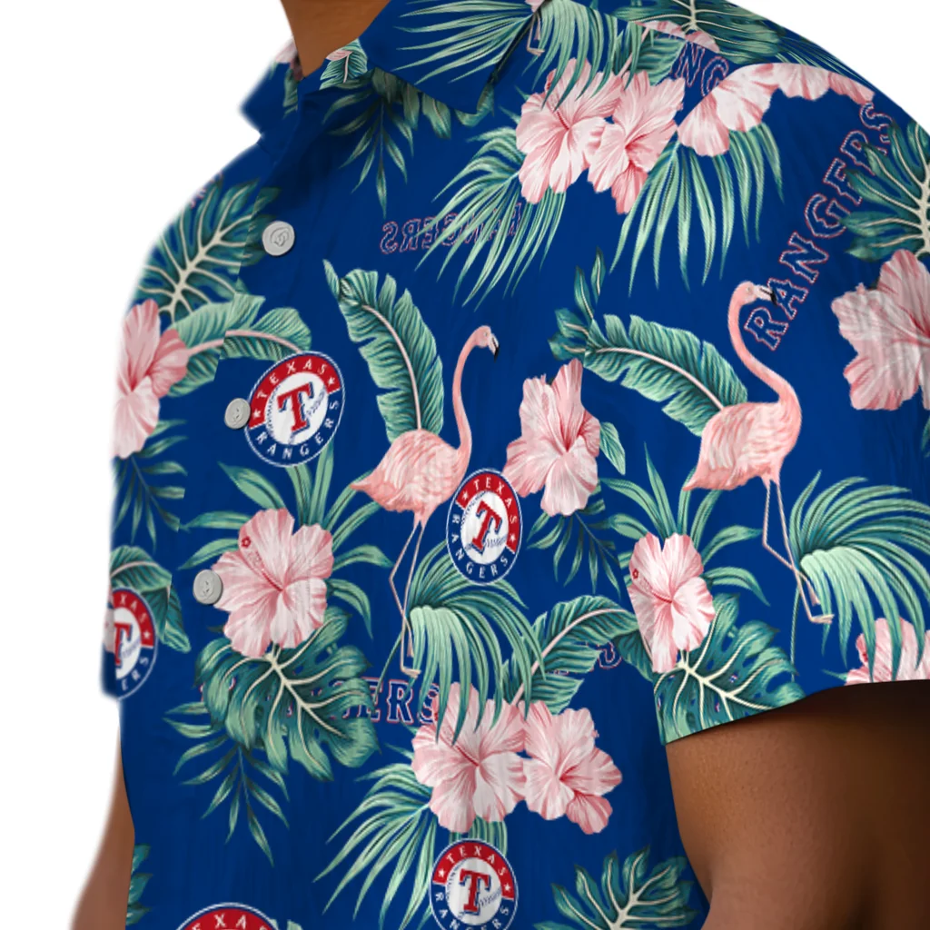 Texas Rangers Hawaiian Shirt - Flamingo and Hibiscus texas rangers flamingo palms blue hawaiian shirts trendy