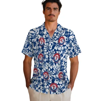 texas rangers hibiscus motif blue white hawaiian shirts fashion forward