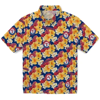 texas rangers hibiscus tropics blue yellow hawaiian shirts best selling