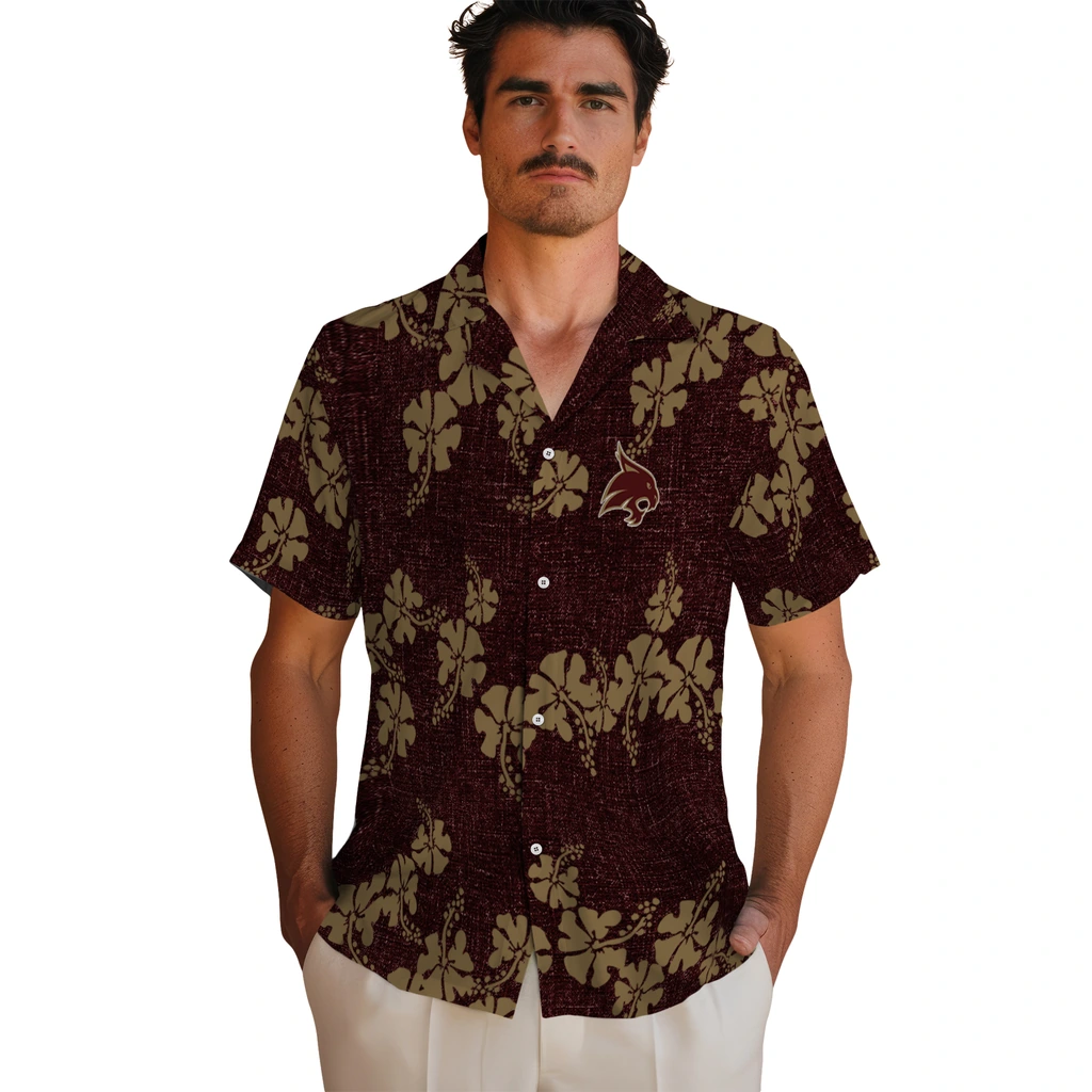 Texas State Bobcats Hawaiian Shirt - 50th State Flower texas state bobcats hibiscus petals maroon hawaiian shirts fashion forward