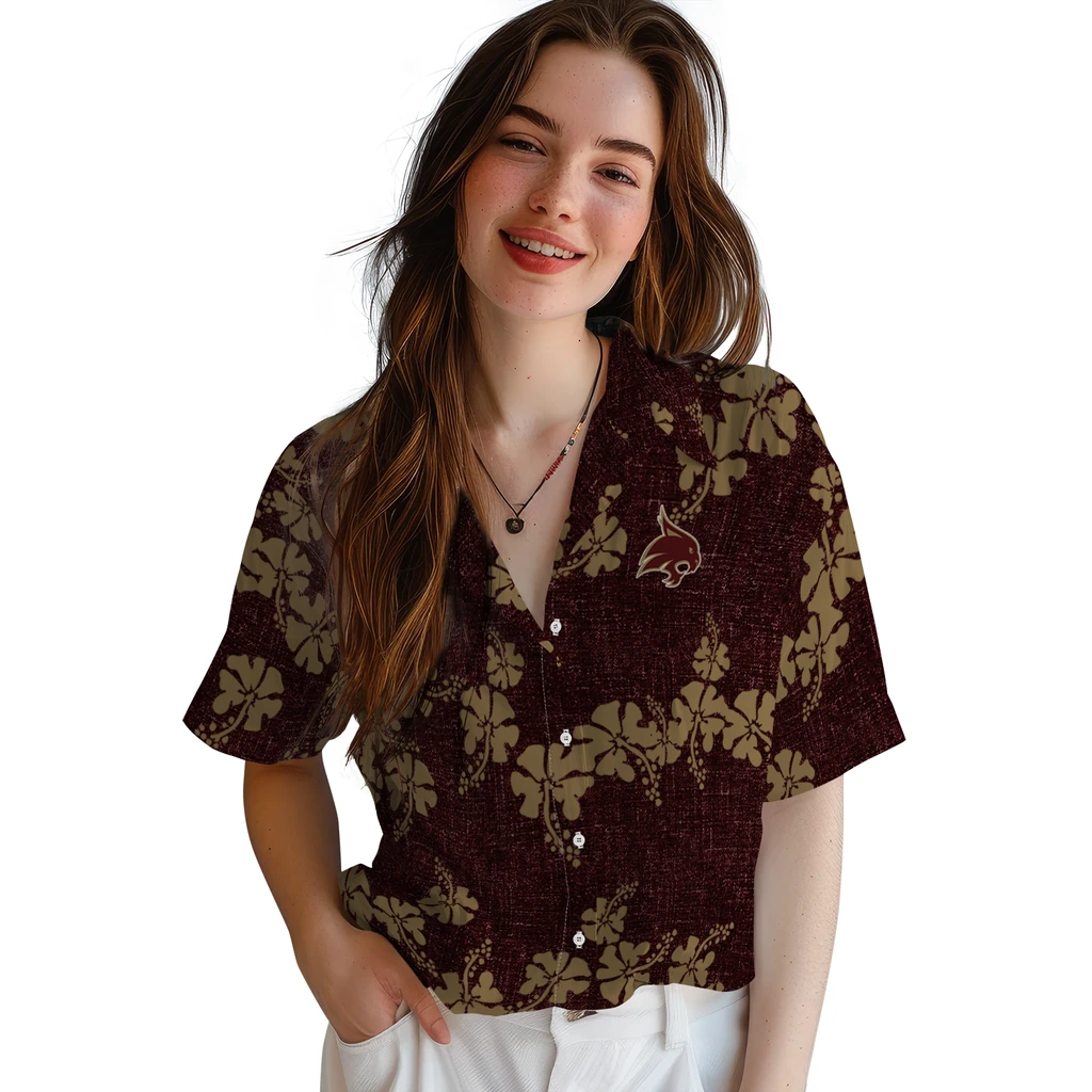 Texas State Bobcats Hawaiian Shirt - 50th State Flower texas state bobcats hibiscus petals maroon hawaiian shirts latest model