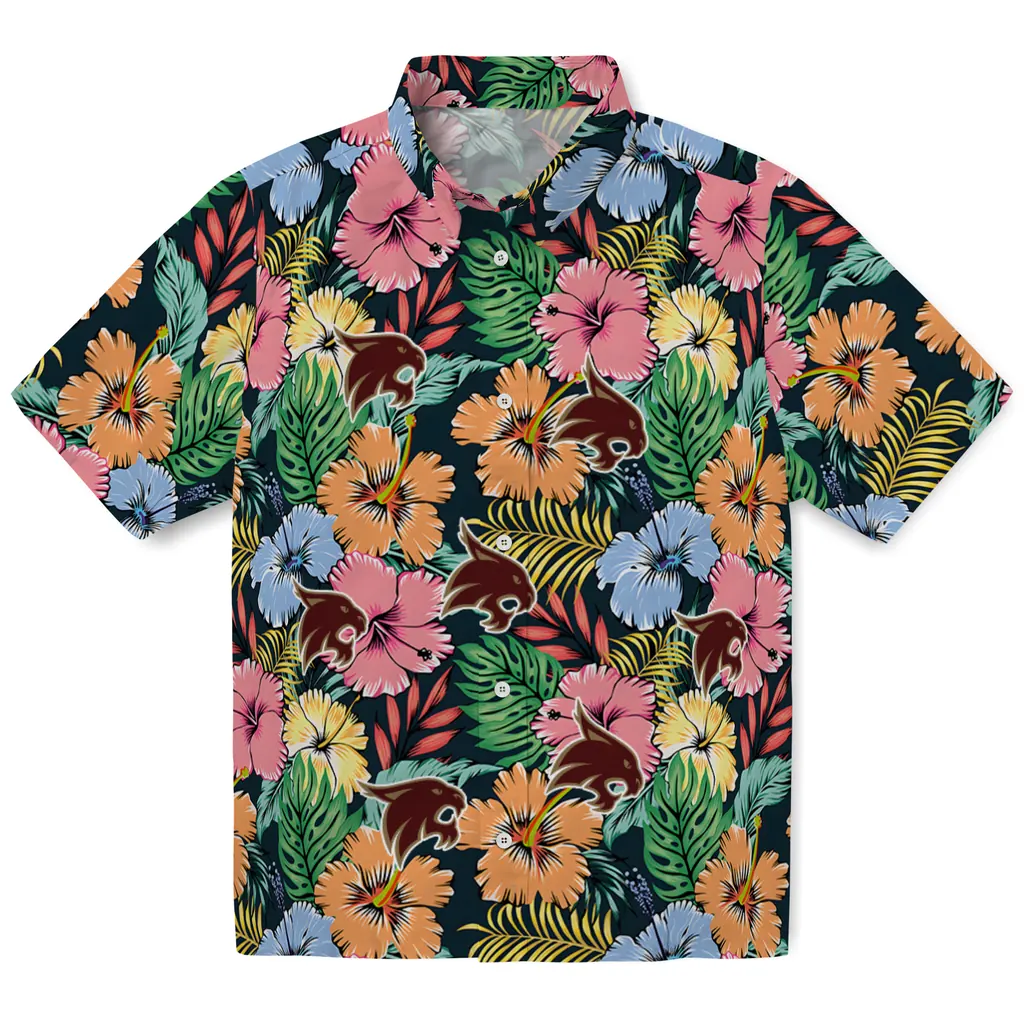 Texas State Bobcats Hawaiian Shirt - Brilliant Hibiscus Garden texas state bobcats brilliant hibiscus garden hawaiian shirts best selling