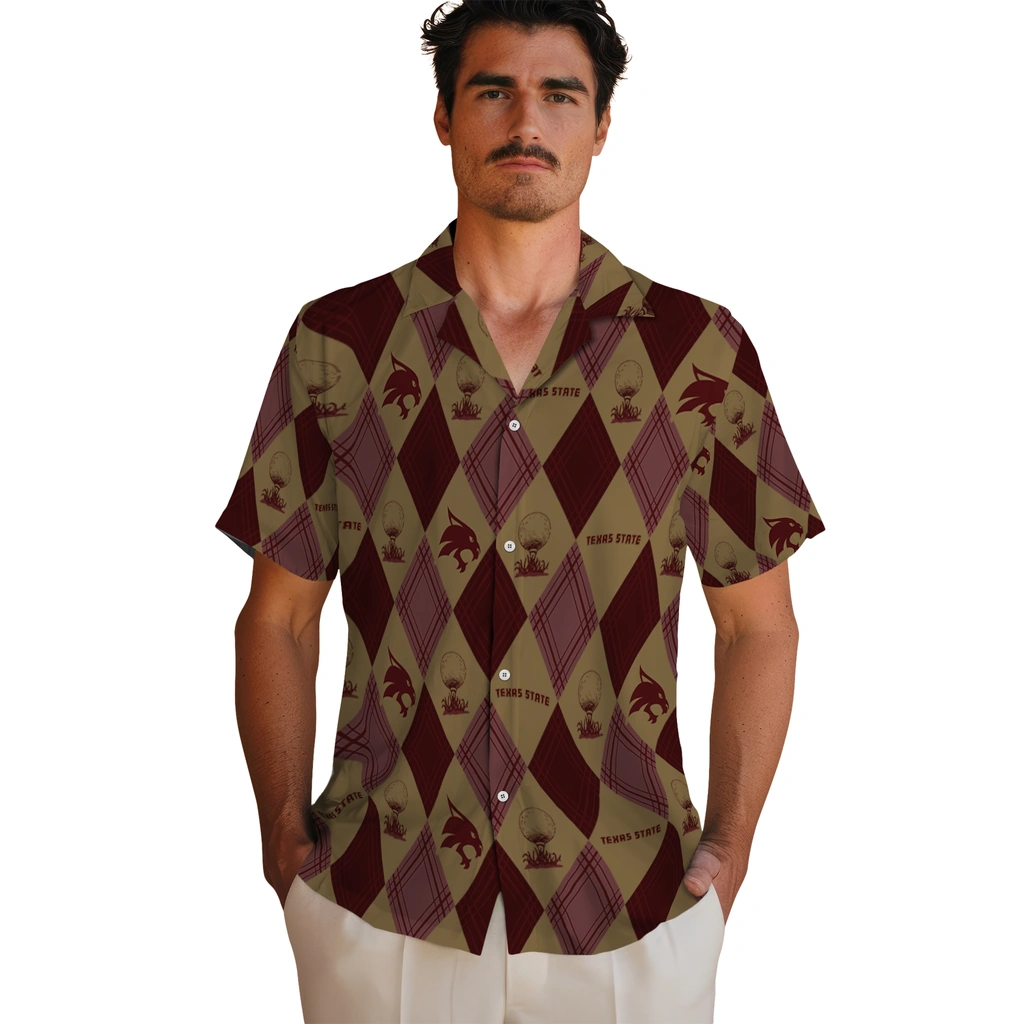Texas State Bobcats Hawaiian Shirt - Golfing Plaid texas state bobcats balloon plaid maroon hawaiian shirts fashion forward