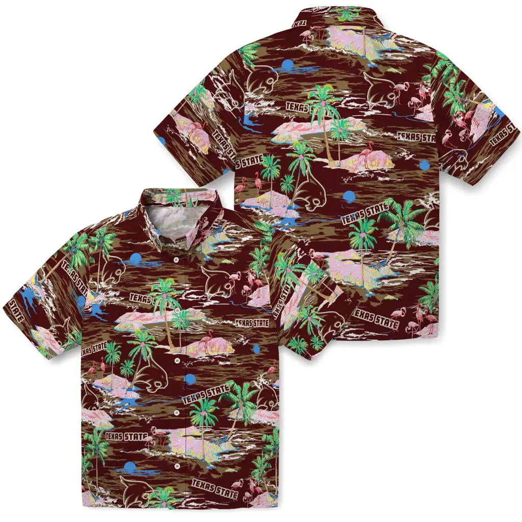Texas State Bobcats Hawaiian Shirt - Hawaii Island texas state bobcats flamingo retreat maroon hawaiian shirts high quality