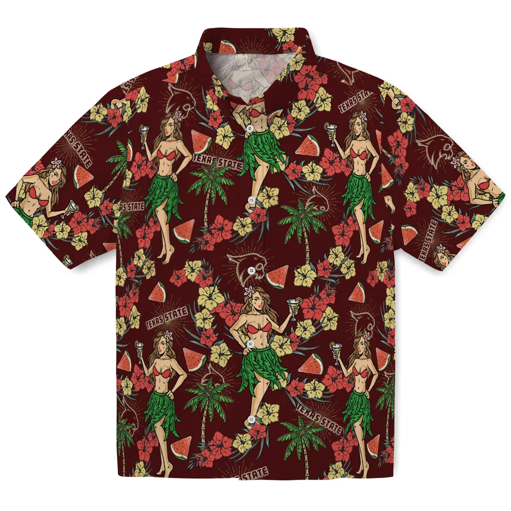 Texas State Bobcats Hawaiian Shirt - Hawaiian Girls Design texas state bobcats hawaiian girls design maroon hawaiian shirts best selling