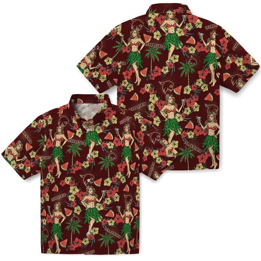 Texas State Bobcats Hawaiian Shirt - Hawaiian Girls Design texas state bobcats hawaiian girls design maroon hawaiian shirts high quality