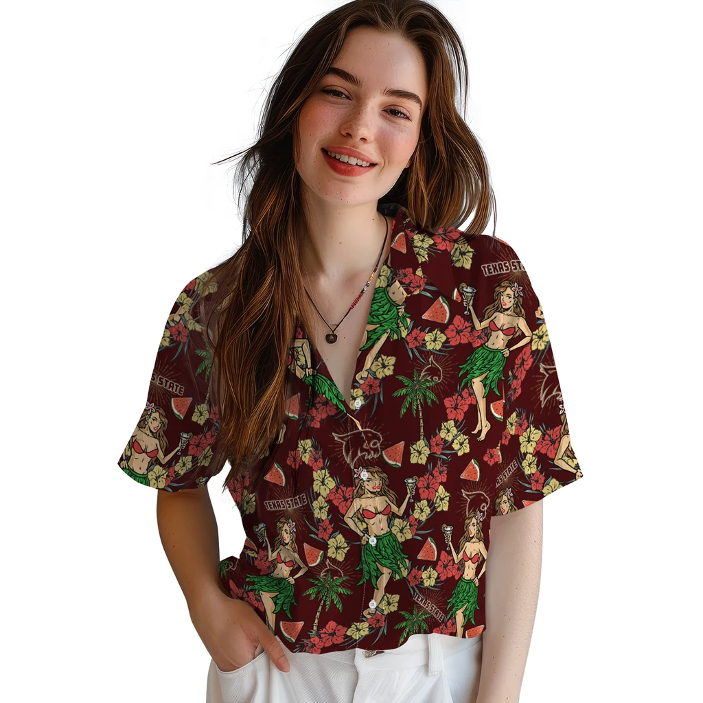 Texas State Bobcats Hawaiian Shirt - Hawaiian Girls Design texas state bobcats hawaiian girls design maroon hawaiian shirts latest model