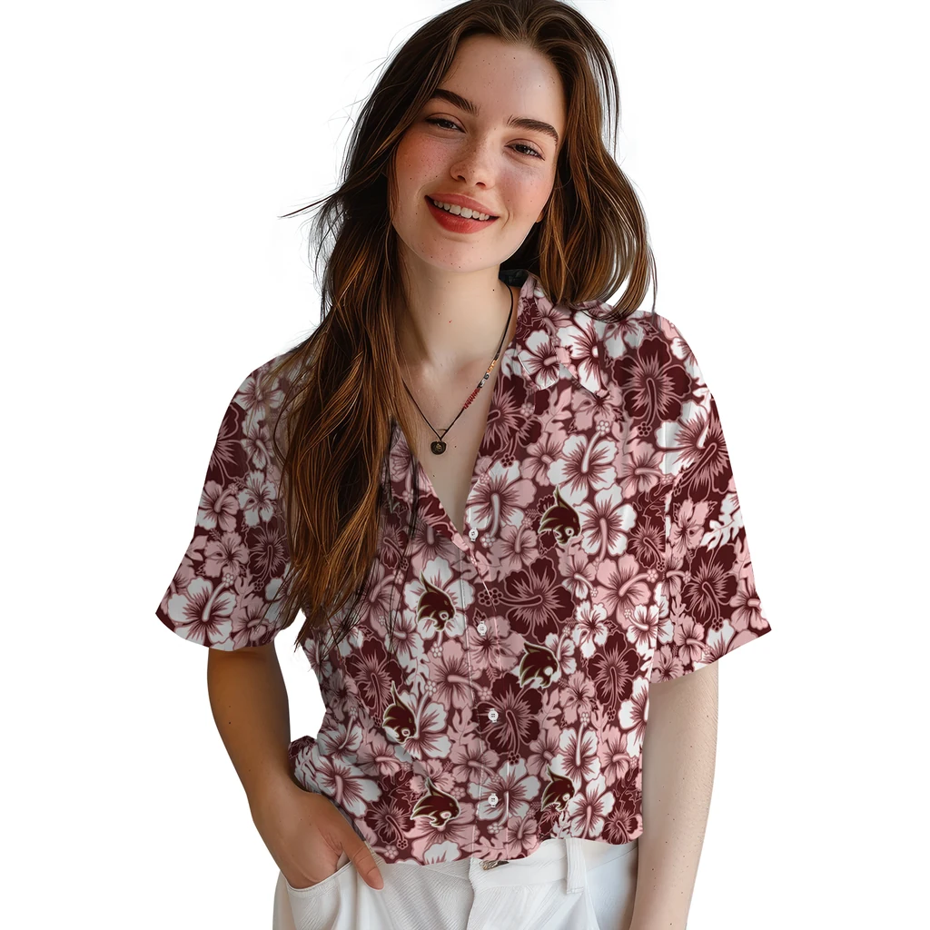 Texas State Bobcats Hawaiian Shirt - Hibiscus Blooms texas state bobcats hibiscus blooms maroon hawaiian shirts latest model