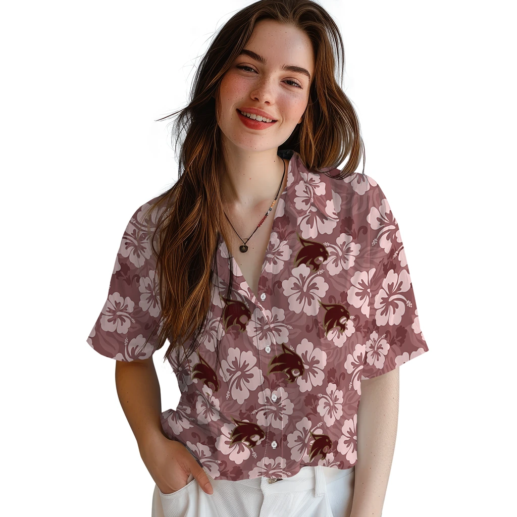 Texas State Bobcats Hawaiian Shirt - Hibiscus Cluster texas state bobcats hibiscus cluster maroon hawaiian shirts latest model