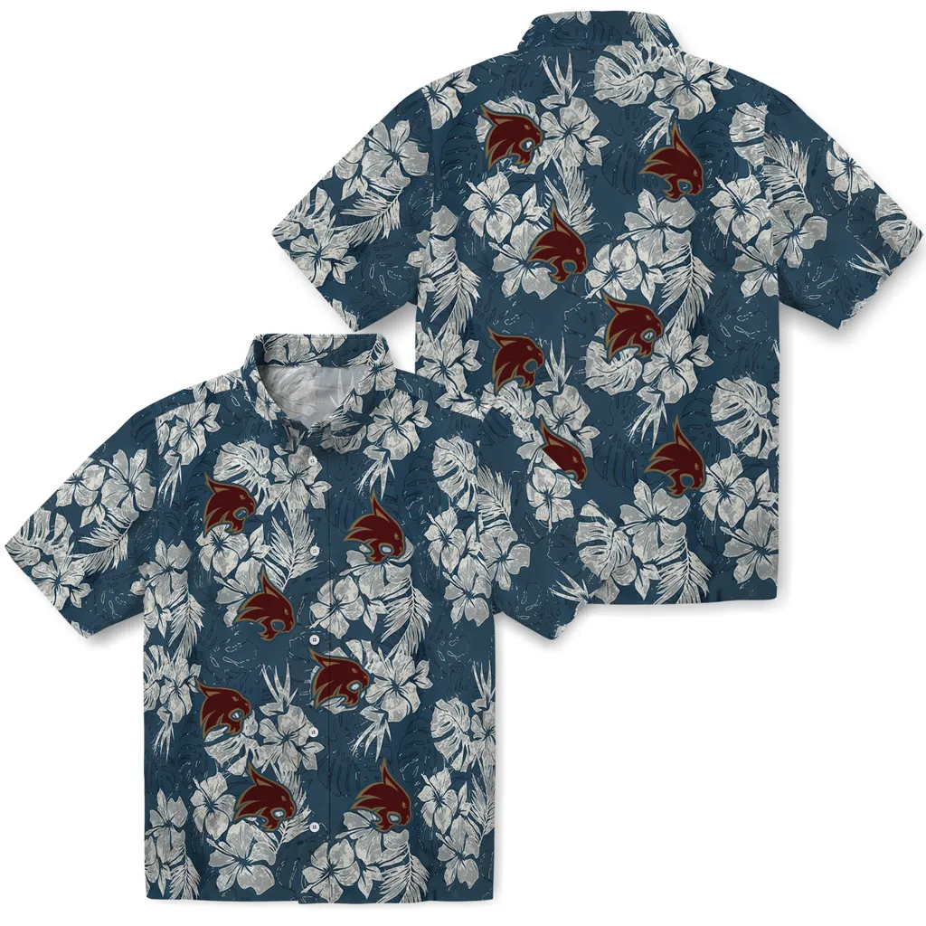 Texas State Bobcats Hawaiian Shirt - Hibiscus Flowers texas state bobcats hibiscus flowers navy blue hawaiian shirts high quality