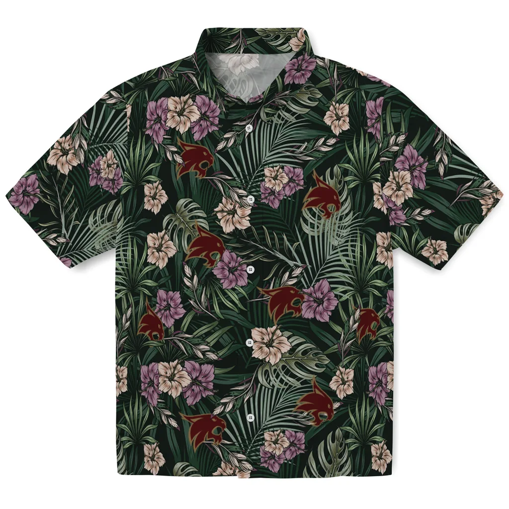 Texas State Bobcats Hawaiian Shirt - Hibiscus Leaves Pattern texas state bobcats hibiscus leaves pattern green hawaiian shirts best selling