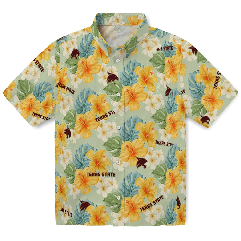 Texas State Bobcats Hawaiian Shirt - Hibiscus Mood texas state bobcats hibiscus mood pale lime yellow hawaiian shirts best selling