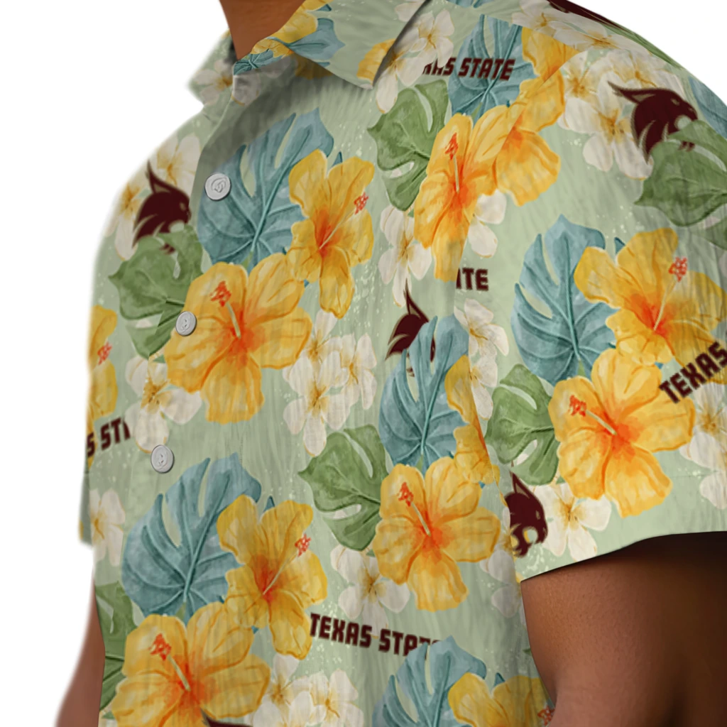 Texas State Bobcats Hawaiian Shirt - Hibiscus Mood texas state bobcats hibiscus mood pale lime yellow hawaiian shirts trendy