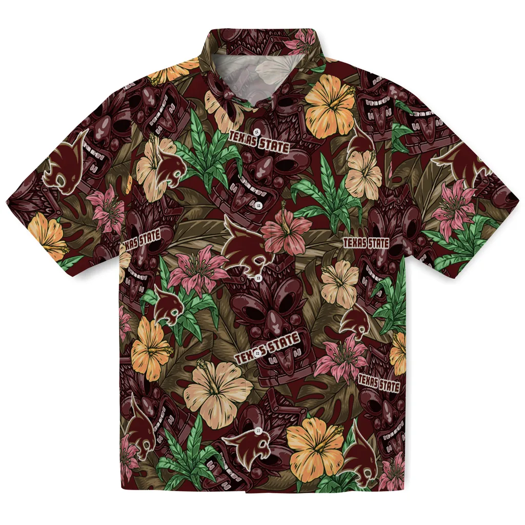 Texas State Bobcats Hawaiian Shirt - Hibiscus Tiki Jungle texas state bobcats tiki jungle maroon hawaiian shirts best selling