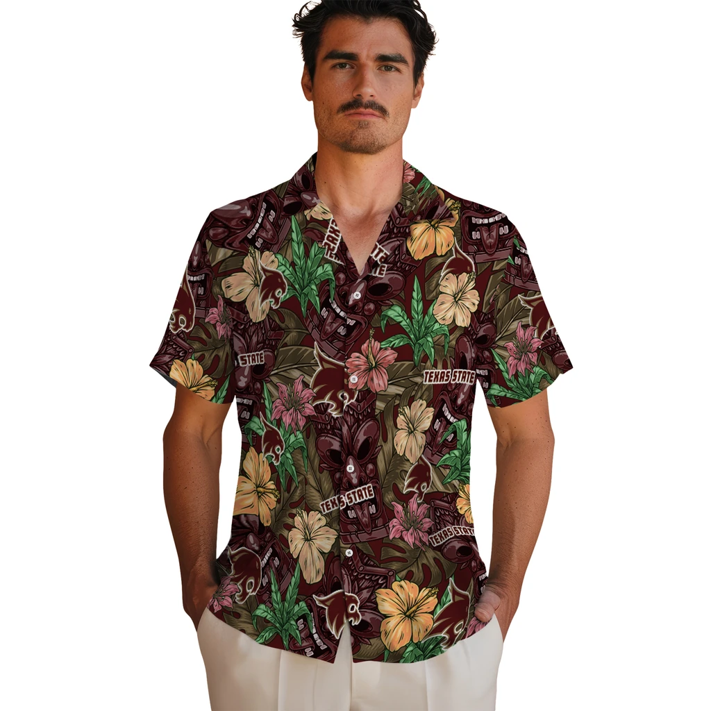 Texas State Bobcats Hawaiian Shirt - Hibiscus Tiki Jungle texas state bobcats tiki jungle maroon hawaiian shirts fashion forward