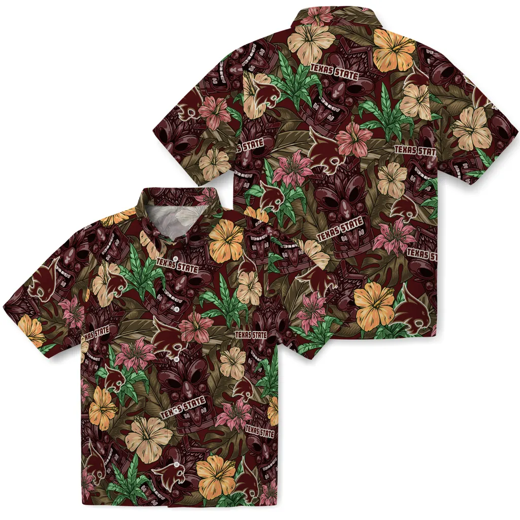 Texas State Bobcats Hawaiian Shirt - Hibiscus Tiki Jungle texas state bobcats tiki jungle maroon hawaiian shirts high quality