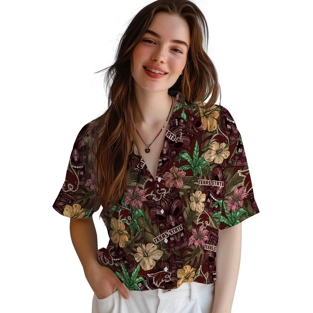 Texas State Bobcats Hawaiian Shirt - Hibiscus Tiki Jungle texas state bobcats tiki jungle maroon hawaiian shirts latest model
