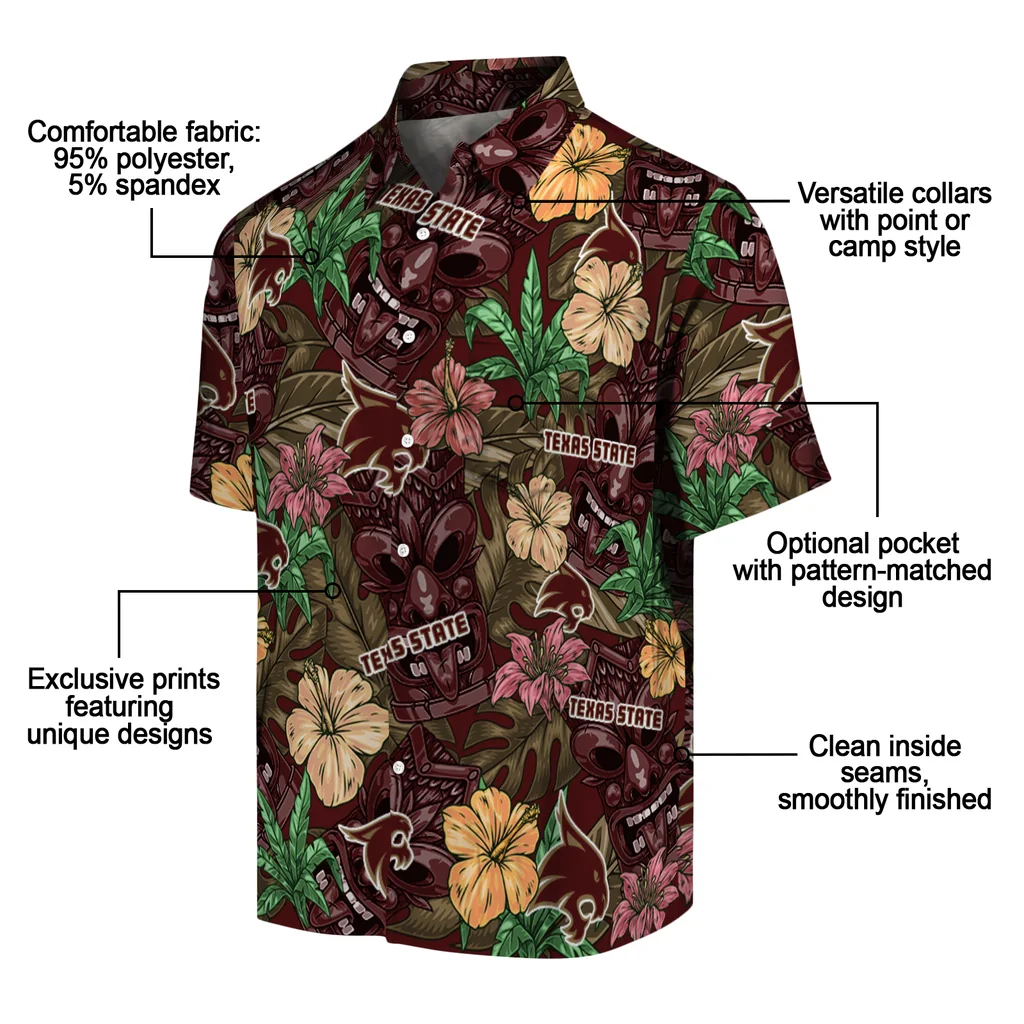 Texas State Bobcats Hawaiian Shirt - Hibiscus Tiki Jungle texas state bobcats tiki jungle maroon hawaiian shirts new arrival