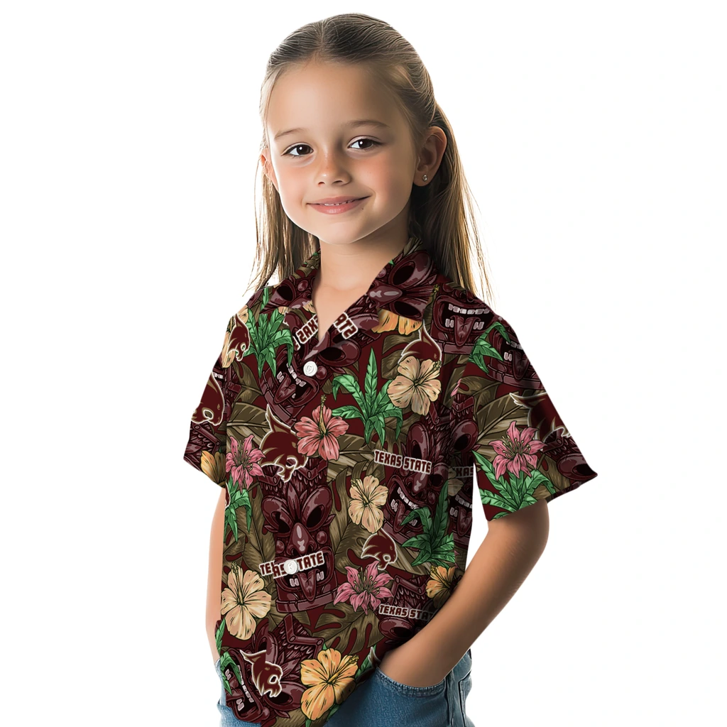 Texas State Bobcats Hawaiian Shirt - Hibiscus Tiki Jungle texas state bobcats tiki jungle maroon hawaiian shirts premium grade