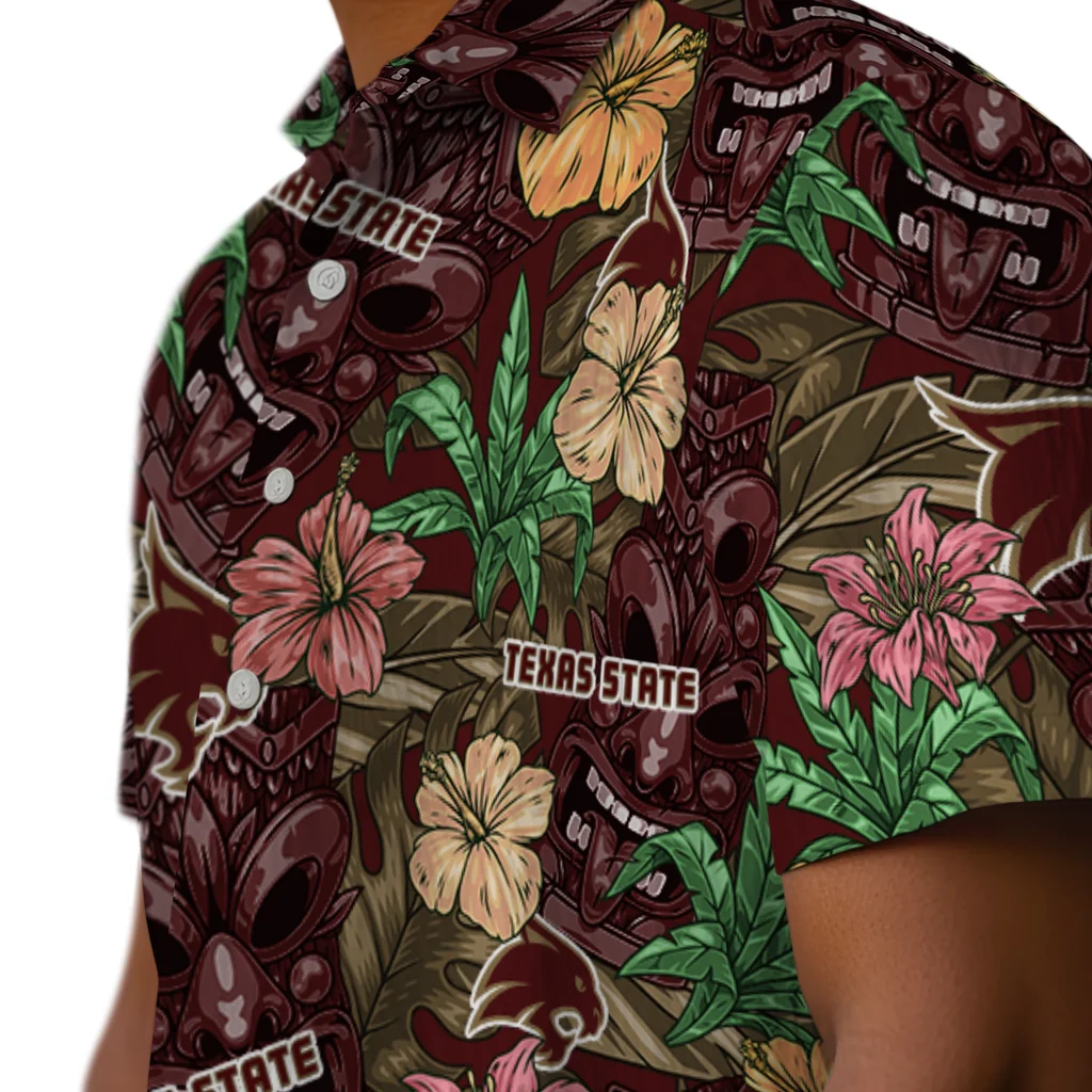 Texas State Bobcats Hawaiian Shirt - Hibiscus Tiki Jungle texas state bobcats tiki jungle maroon hawaiian shirts trendy