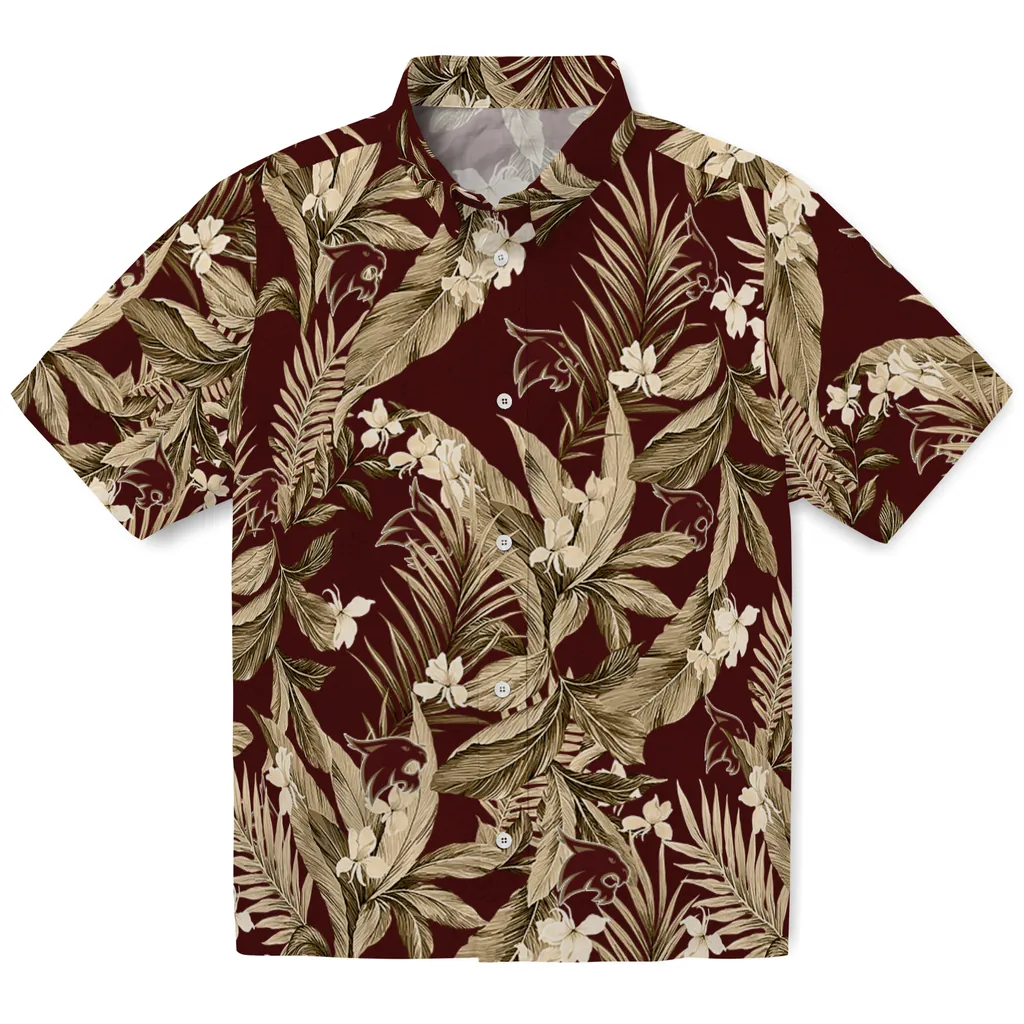 Texas State Bobcats Hawaiian Shirt - Palm Leaves texas state bobcats palm leaves maroon hawaiian shirts best selling