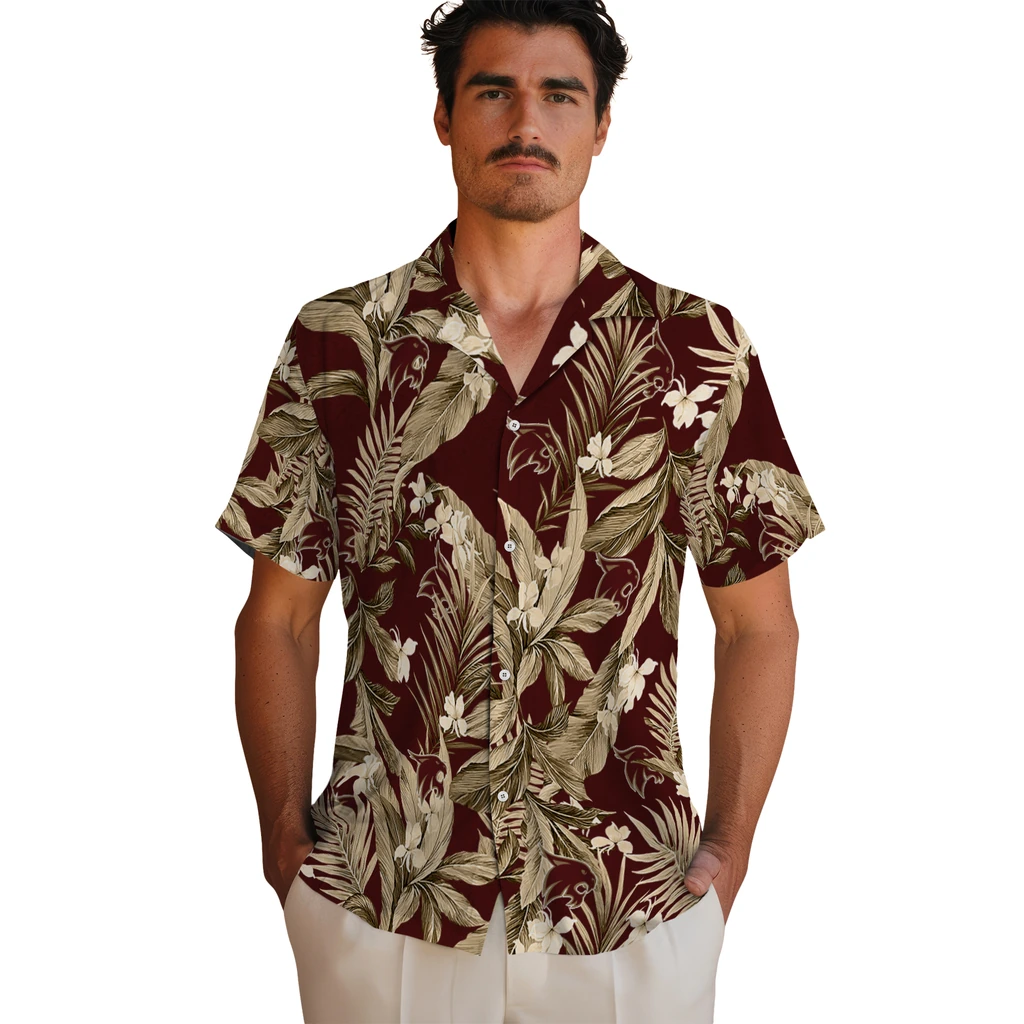 Texas State Bobcats Hawaiian Shirt - Palm Leaves texas state bobcats palm leaves maroon hawaiian shirts fashion forward