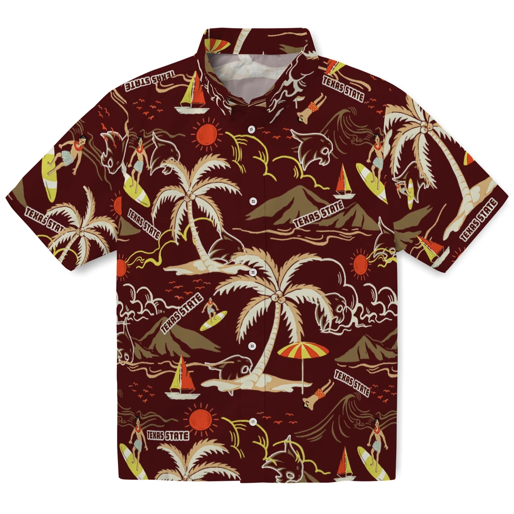 Texas State Bobcats Hawaiian Shirt - Palm Tree Island texas state bobcats palm tree island maroon hawaiian shirts best selling