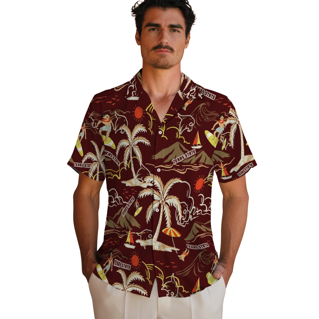 Texas State Bobcats Hawaiian Shirt - Palm Tree Island texas state bobcats palm tree island maroon hawaiian shirts fashion forward