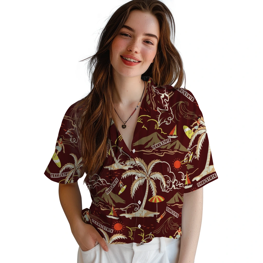 Texas State Bobcats Hawaiian Shirt - Palm Tree Island texas state bobcats palm tree island maroon hawaiian shirts latest model
