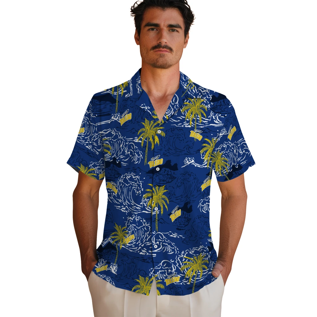 Toledo Rockets Hawaiian Shirt - Wave Palm toledo rockets wave palm blue hawaiian shirts fashion forward