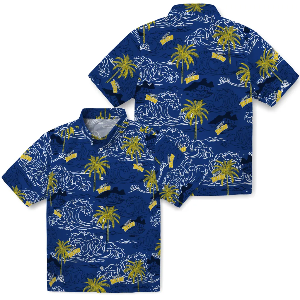 Toledo Rockets Hawaiian Shirt - Wave Palm toledo rockets wave palm blue hawaiian shirts high quality