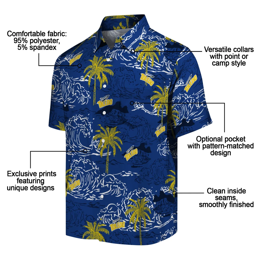 Toledo Rockets Hawaiian Shirt - Wave Palm toledo rockets wave palm blue hawaiian shirts new arrival