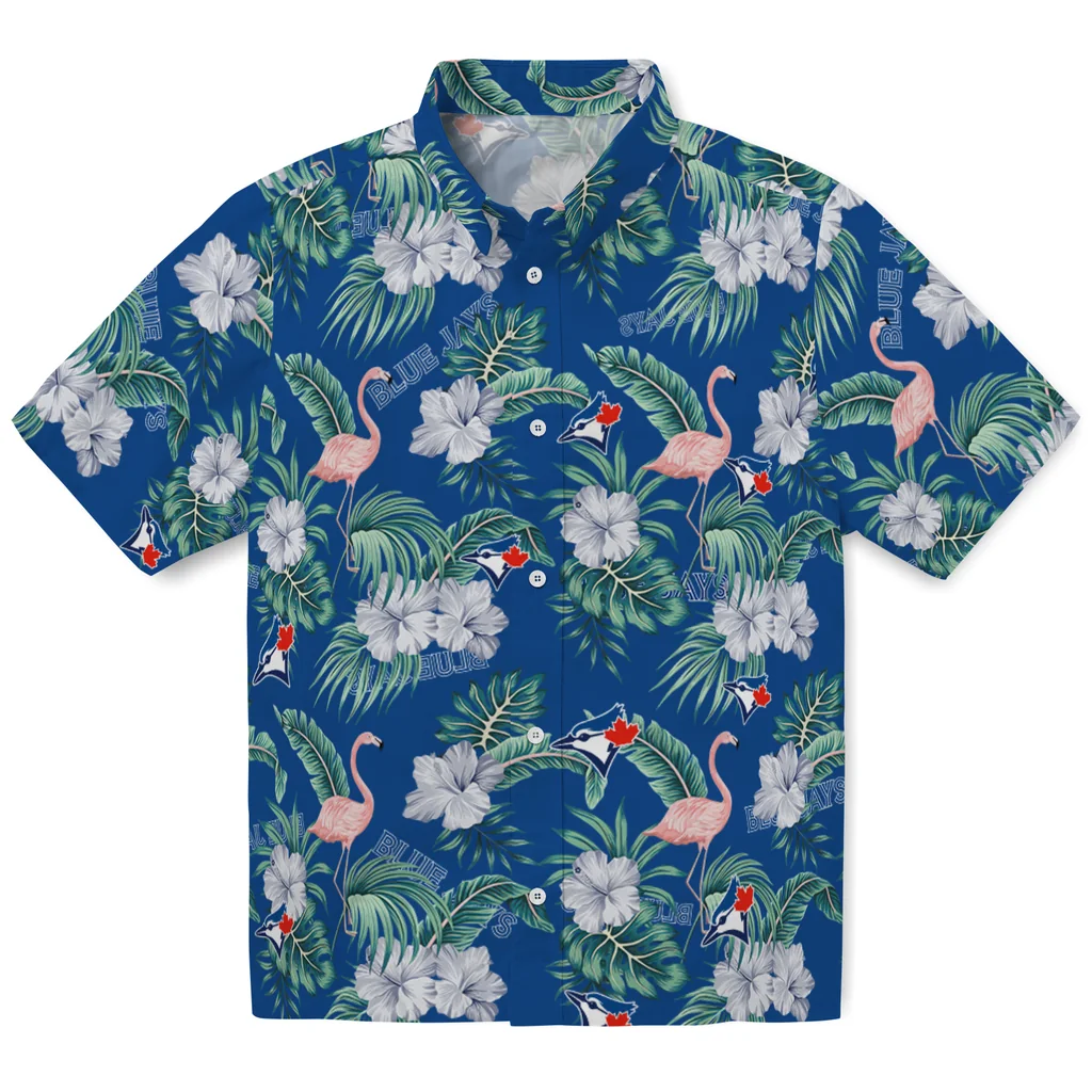 Toronto Blue Jays Hawaiian Shirt - Flamingo and Hibiscus toronto blue jays flamingo palms blue hawaiian shirts best selling