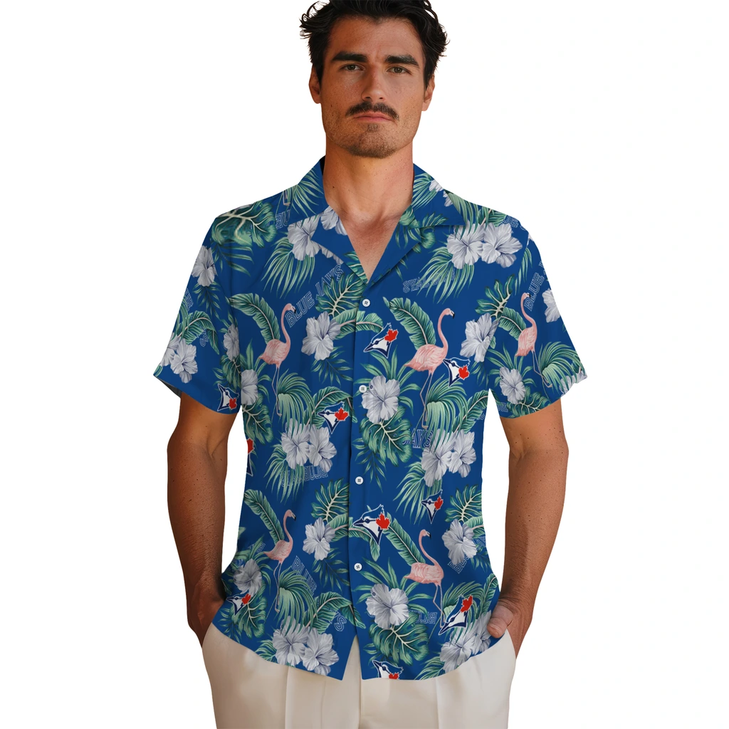 Toronto Blue Jays Hawaiian Shirt - Flamingo and Hibiscus toronto blue jays flamingo palms blue hawaiian shirts fashion forward