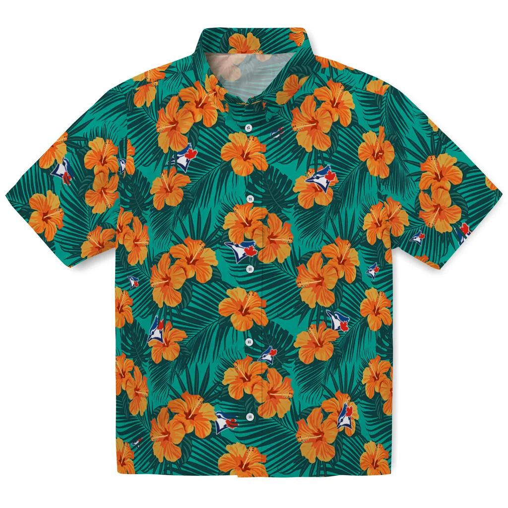 Toronto Blue Jays Hawaiian Shirt - Hibiscus and Palm Leaves toronto blue jays hibiscus escape green hawaiian shirts best selling