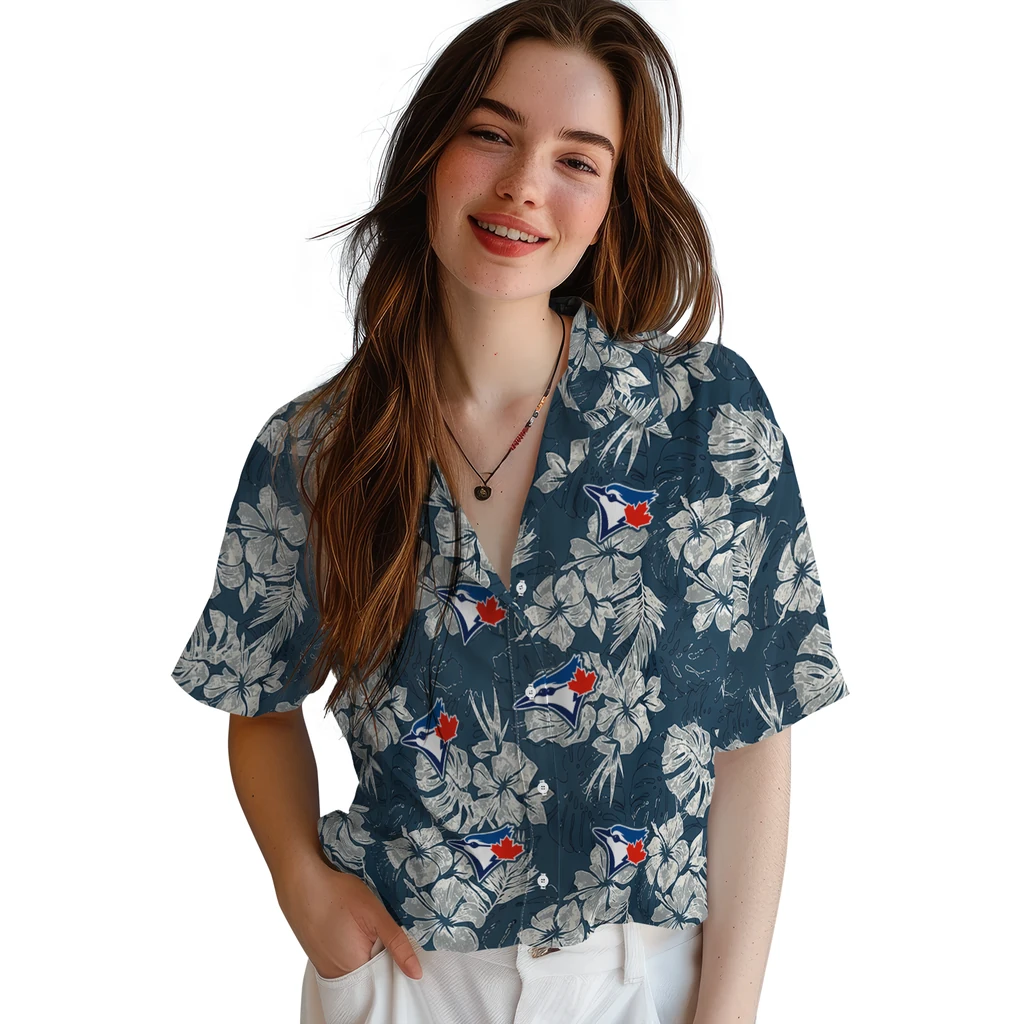 Toronto Blue Jays Hawaiian Shirt - Hibiscus Flowers toronto blue jays hibiscus flowers navy blue hawaiian shirts latest model