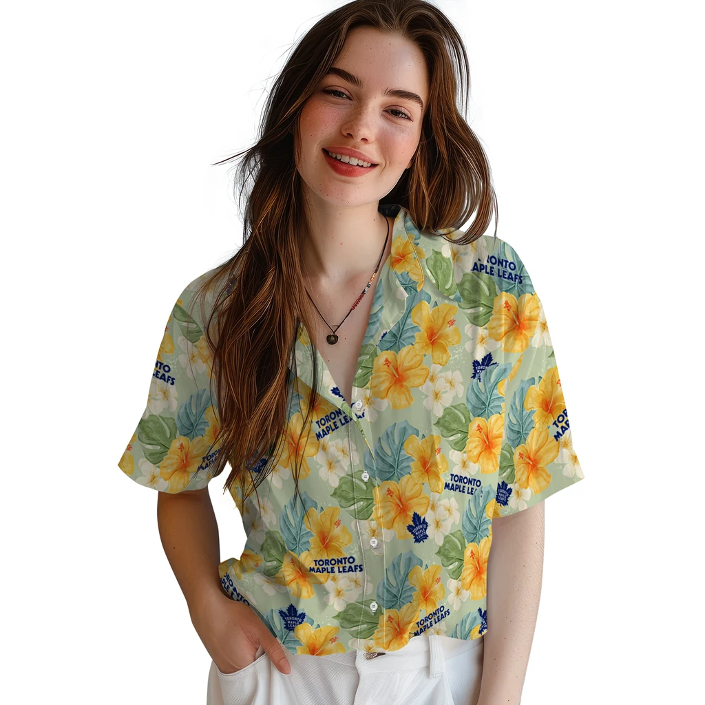 Toronto Maple Leafs Hawaiian Shirt - Hibiscus Mood toronto maple leafs hibiscus mood pale lime yellow hawaiian shirts latest model