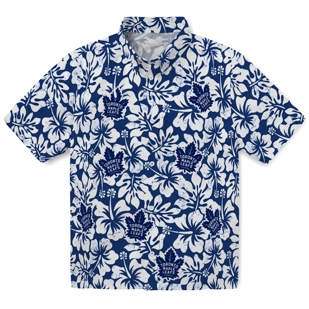 Toronto Maple Leafs Hawaiian Shirt - Hibiscus Motif toronto maple leafs hibiscus motif blue white hawaiian shirts best selling