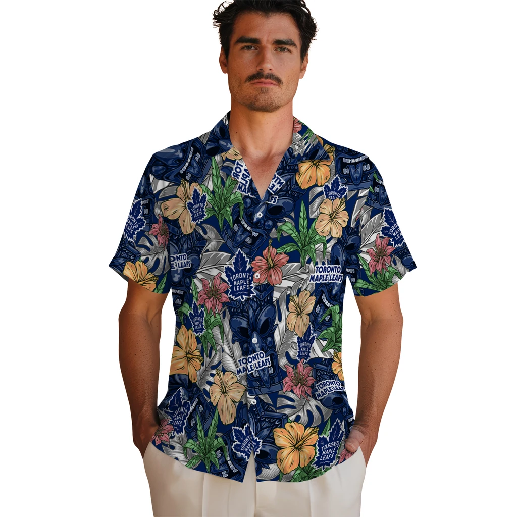 Toronto Maple Leafs Hawaiian Shirt - Hibiscus Tiki Jungle toronto maple leafs tiki jungle blue hawaiian shirts fashion forward
